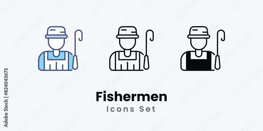 Fishermen Icons set thin line and glyph vector icon illustration Fishermen Icons set thin line and glyph vector icon illustration
