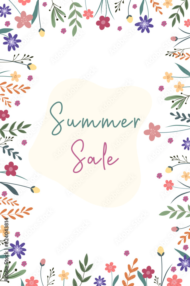 Cute hand drawn summer sale frame. Poster template with discount promotion and special offer with abstract daisy, tulips, herbs, leaves on twigs and branches. Vector illustration banner concept