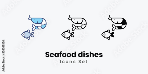 Seafood dishes Icons set thin line and glyph vector icon illustration