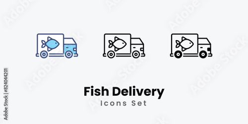 Fish Delivery Icons set thin line and glyph vector icon illustration