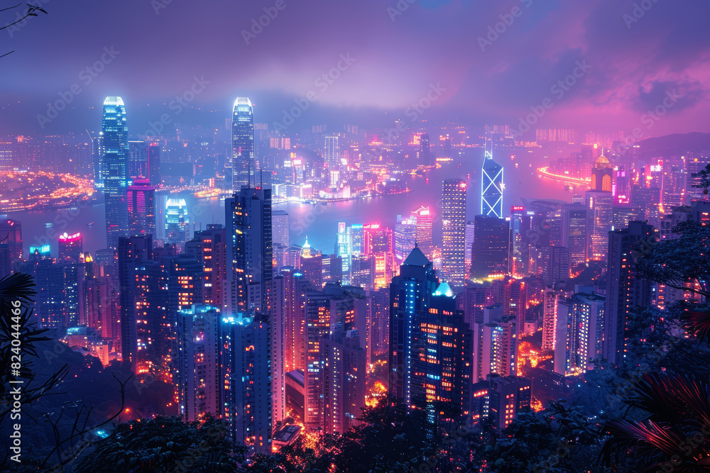 A vibrant cityscape aglow with the neon lights of bustling streets, where skyscrapers reach towards the heavens like glittering sentinels of progress. Concept of urban vitality. Generative Ai.