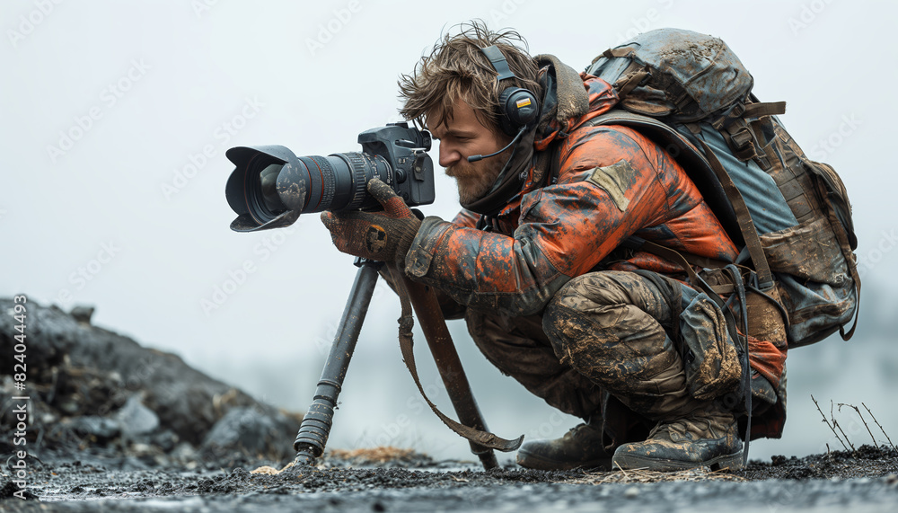 Fototapeta premium Wildlife photographer lying on ground for shots