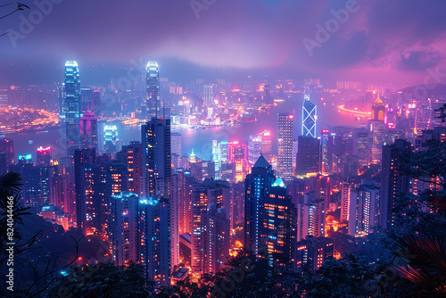 A vibrant cityscape aglow with the neon lights of bustling streets  where skyscrapers reach towards the heavens like glittering sentinels of progress. Concept of urban vitality. Generative Ai.