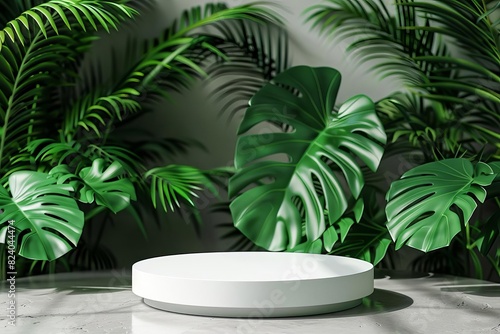 elegant white round podium surrounded by lush tropical green leaves luxurious cosmetic product display