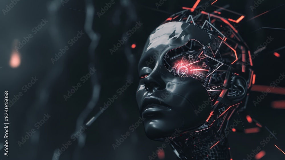 A digital art concept of an AI neural network with a humanoid head silhouette filled with red illuminations on a dark backdrop. A digital art concept of an AI neural network with a humanoid head silhouette filled with red illuminations on a dark backdrop.