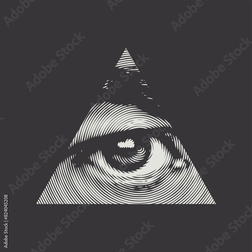 The eye of Providence in a triangular pyramid. Monochrome icon of the Masonic sign of the All-Seeing Eye of God on black background. Vector banner in vintage style