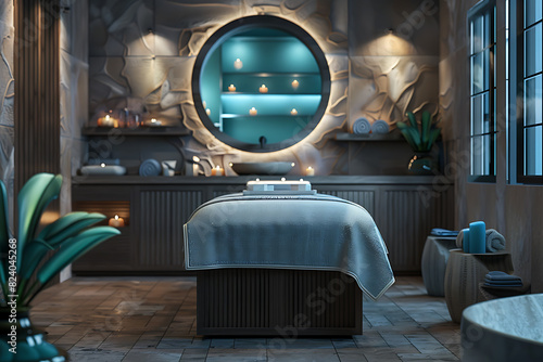 A serene spa salon with elegant decor offering relaxing treatments and rejuvenation in a peaceful setting