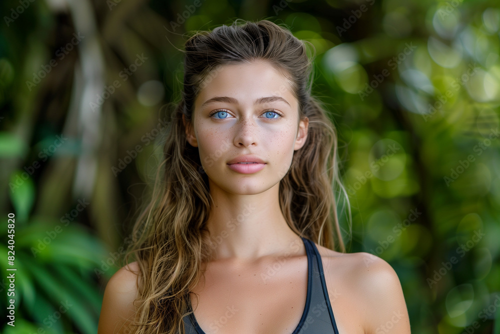 Beautiful Woman Jogging in Running Suit: Blue-Eyed Woman with Long Hair in Yoga Attire against Serene Natural Background Beautiful Woman Jogging in Running Suit: Blue-Eyed Woman with Long Hair in Yoga Attire against Serene Natural Background