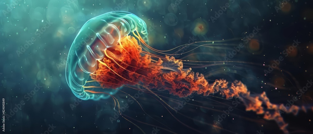 In the mysterious depths of the ocean, a jellyfish glowed with neon ...