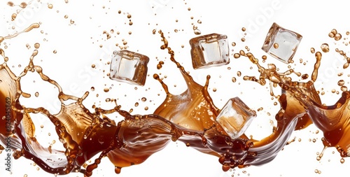 Falling ice cubes into coffee, splash of brown liquid and cream isolated on white background with clipping path