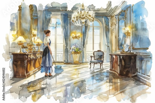 Set of watercolor of a maid, meticulously cleaning an opulent mansion, surrounded by sparkling chandeliers and polished floors, Clipart isolated on white photo