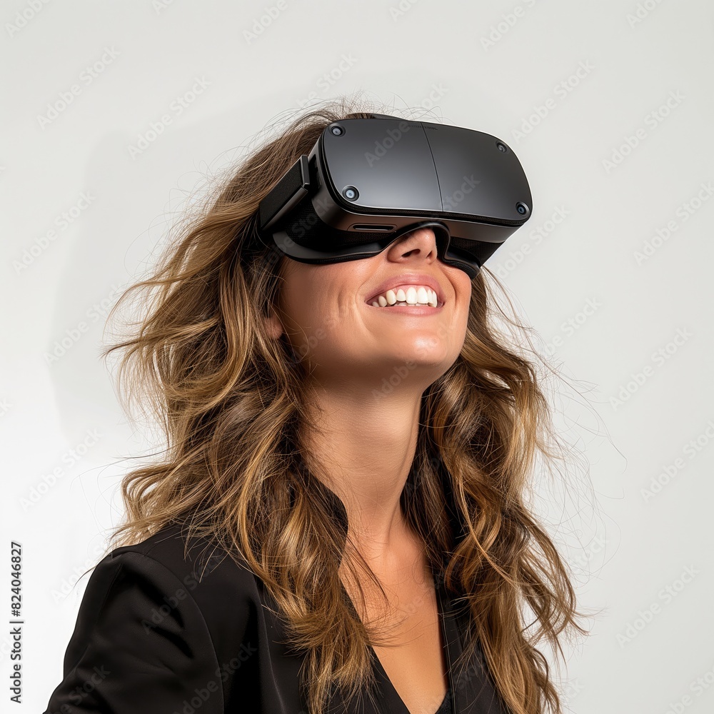 woman using virtual reality headset, showcasing a blend of technology, white background woman using virtual reality headset, showcasing a blend of technology, white background