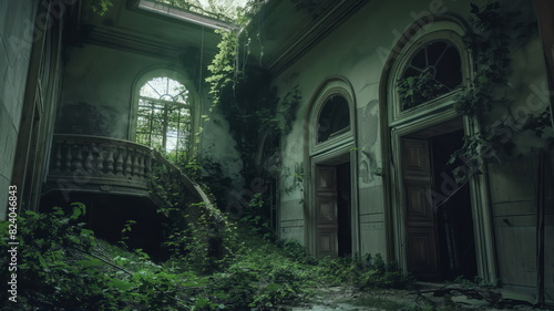 Abandoned palace castle overgrown with vegetation, ivy and vines. Empty atrium halls, no one around. Building is captured by nature and vegetation