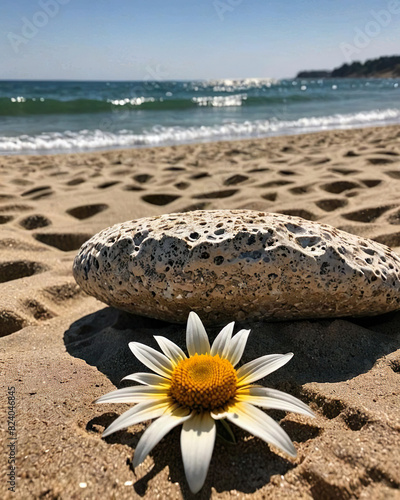 Flor grande margarita en una playa junto a una roca con el mar al fondo