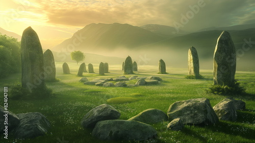 ancient Celtic stone circle standing in a serene green landscape photo