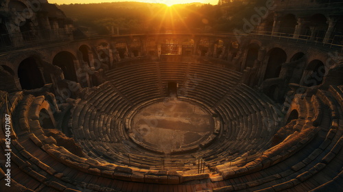 ancient Roman amphitheater illuminated by the warm glow of sunset