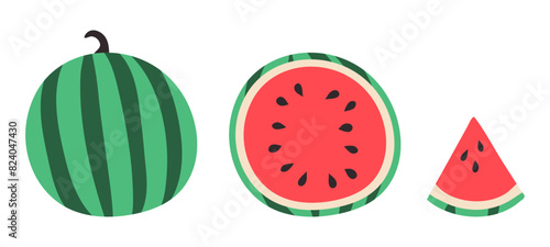 Watermelon, half and triangular piece. Set of summer red striped fruit with seeds. Healthy vegan food. Collection of different types of sweet ripe berries. Doodle style. Isolated. Vector illustration