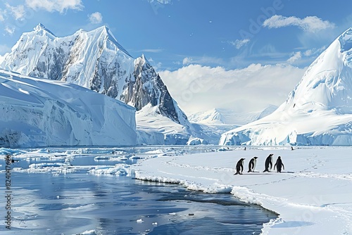emperor penguins on ice shelf antarctica panoramic composite landscape photo