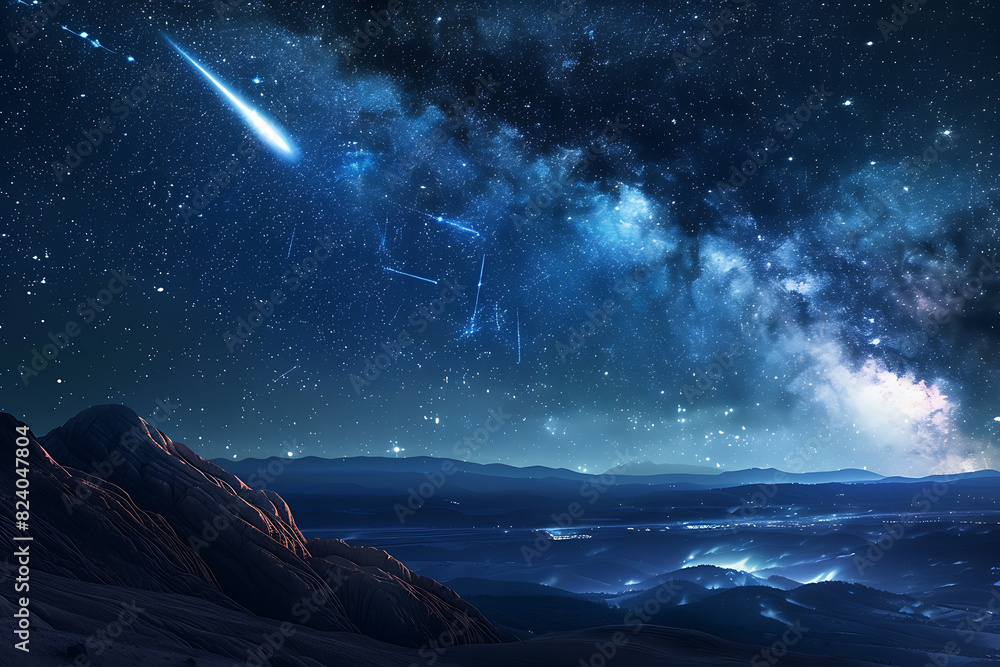 Naklejka premium A spectacular shooting star streaks across a night sky filled with twinkling stars and cosmic wonders