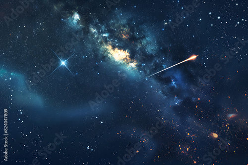 A spectacular shooting star streaks across a night sky filled with twinkling stars and cosmic wonders