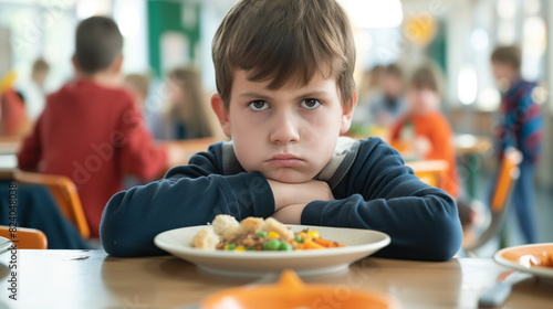 Unhappy young boy with a frown sitting in a cafeteria  his elbows on the table  looking dissatisfied with a healthy lunch plate in front of him