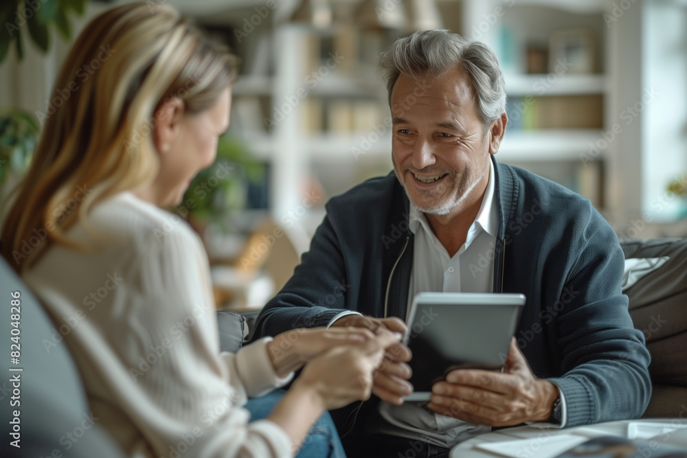 Man and Woman Sitting at Table Looking at Tablet Man and Woman Sitting at Table Looking at Tablet