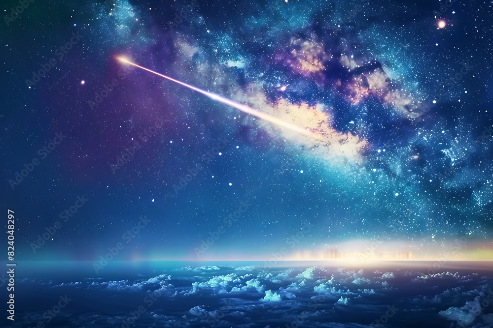 A spectacular shooting star streaks across a night sky filled with twinkling stars and cosmic wonders A spectacular shooting star streaks across a night sky filled with twinkling stars and cosmic wonders