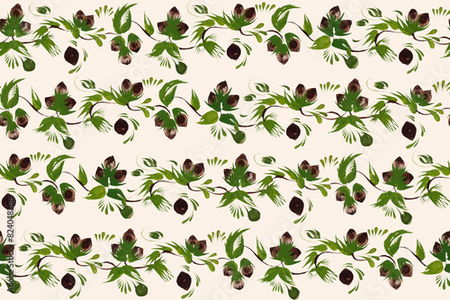 Floral seamless pattern from hand drawn hazelnut twigs, leaves and nuts on a beige background