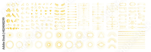 Big set of gold vintage line elements. Retro design elements. Ornaments and Frames. Drawing geometrics line