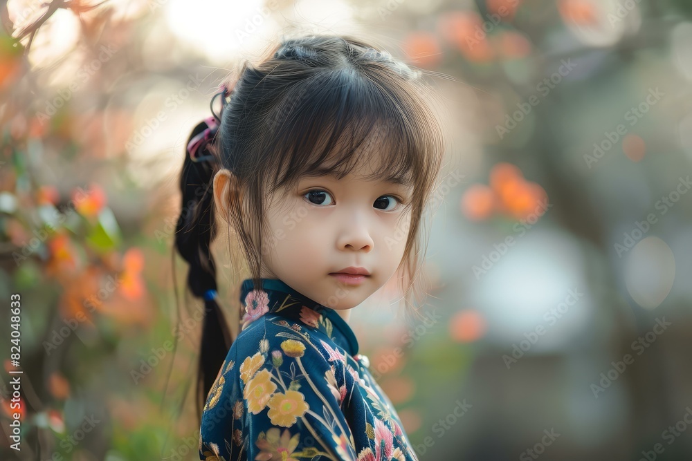 Pensive young girl dressed in a floral kimono stands outdoors with a gentle gaze Pensive young girl dressed in a floral kimono stands outdoors with a gentle gaze