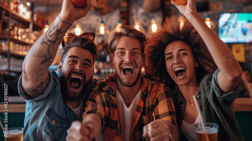 Group of elated friends clapping and cheering while watching a sports game at a bar, drinks in hand