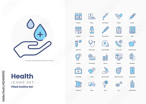 health icons collection. Set contains such Icons as Heart, Stethoscope, Hospital, Doctor, Nurse, Ambulance, Medical Cross, Pills, Syringe, and more