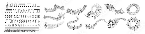 Music notes wave isolated, group musical notes background. Musical notes melody on transparent background
