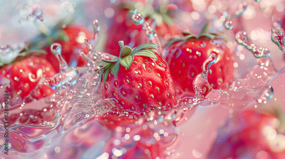 Strawberries and water, light silver and light pink style, anime Strawberries and water, light silver and light pink style, anime