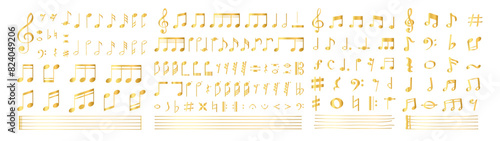 Big set of gold music notes icon, Music notes symbol