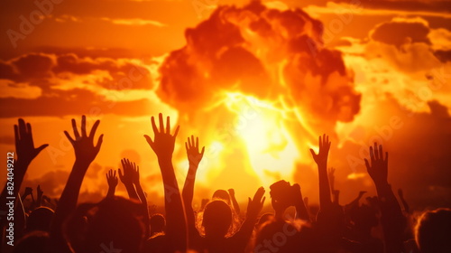 Happy people dancing against the background of a large nuclear explosion at city sunset, hands up