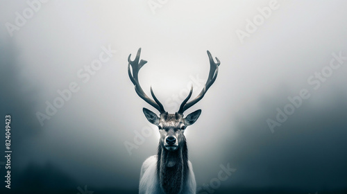 A deer with large antlers stands in front of a foggy background