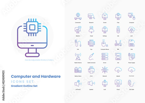 Computer and hardware icons collection. Set contains such Icons as Computer, Laptop, Desktop, Monitor, Keyboard, Mouse, CPU, GPU, RAM, Hard Drive, SSD, and more