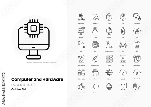 Computer and hardware icons collection. Set contains such Icons as Computer, Laptop, Desktop, Monitor, Keyboard, Mouse, CPU, GPU, RAM, Hard Drive, SSD, and more