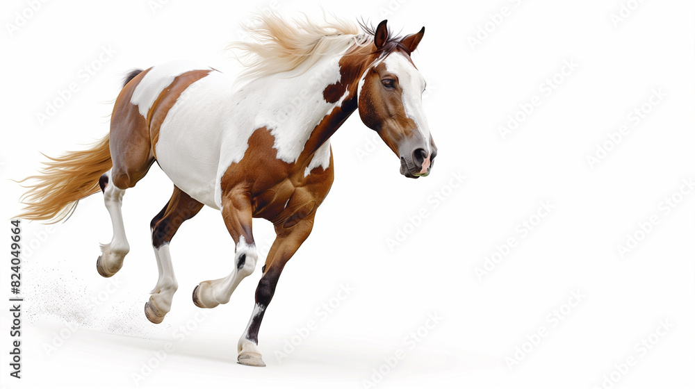 Brown and White Horse Running Across White Background Brown and White Horse Running Across White Background