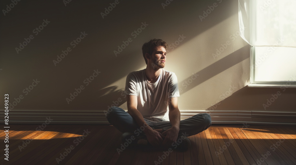 Man sitting on the floor with a distant gaze, as if lost in his own thoughts