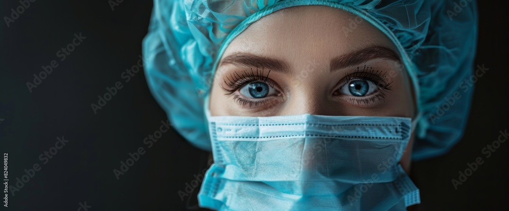 Female doctor wearing surgical mask and cap over dark background, close up portrait of a female medical worker with blue eyes looking at the camera isolated on black Female doctor wearing surgical mask and cap over dark background, close up portrait of a female medical worker with blue eyes looking at the camera isolated on black