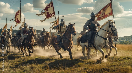 Medieval Charging cavalry break through enemy lines with thunderous hooves and flying banners photo