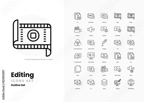 editing icons collection. Set contains such Icons as Edit, Cut, Copy, Paste, Undo, Redo, Crop, Rotate, Resize, Adjust, Enhance, Filter, Effects, Layers, and more
