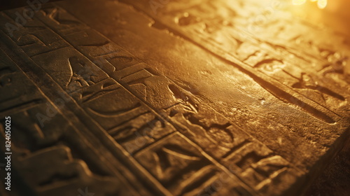 Close-up of carved hieroglyphs on a stone surface illuminated by the warm glow of evening sunlight photo