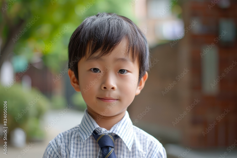 Portrait of a young boy with a neat hairstyle wearing a shirt and tie outside Portrait of a young boy with a neat hairstyle wearing a shirt and tie outside