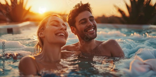 Close-up of a joyful young couple enjoying a relaxing moment in a hot tub at sunset  radiating happiness and contentment