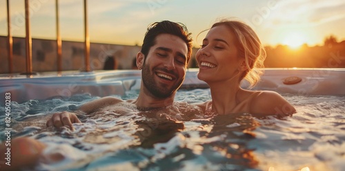 Young couple enjoying a romantic moment in a hot tub during sunset, smiling and relaxing together photo