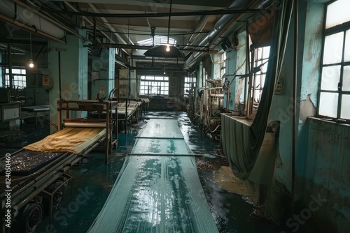 Dimly lit  deserted textile factory with machines and fabric remnants  evoking a bygone era