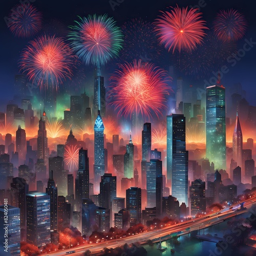 Fireworks Exploding Above Futuristic Cityscape Celebrating New Year 2025
